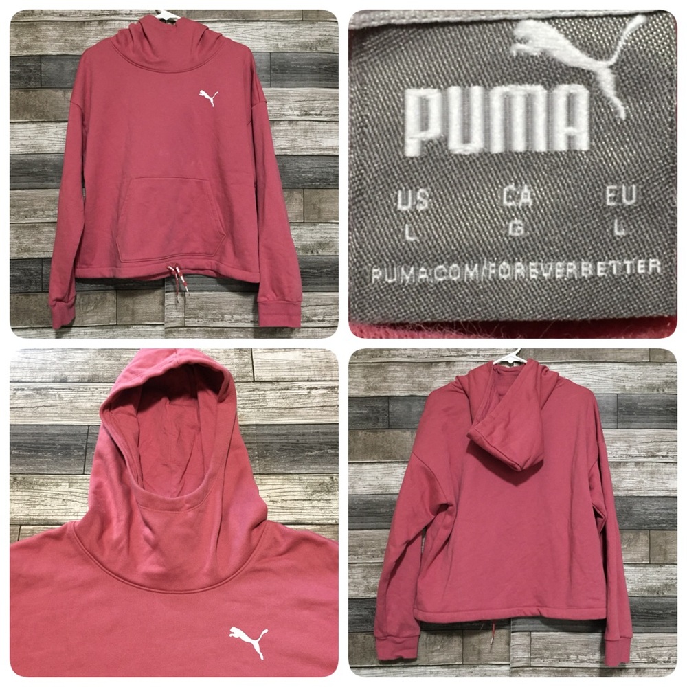 Puma Hoodie Women’s L Pink Relaxed Drop Shoulders Drawstring Hem Crop.